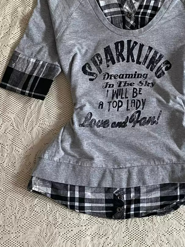 Gray plaid fake two-piece T-shirt