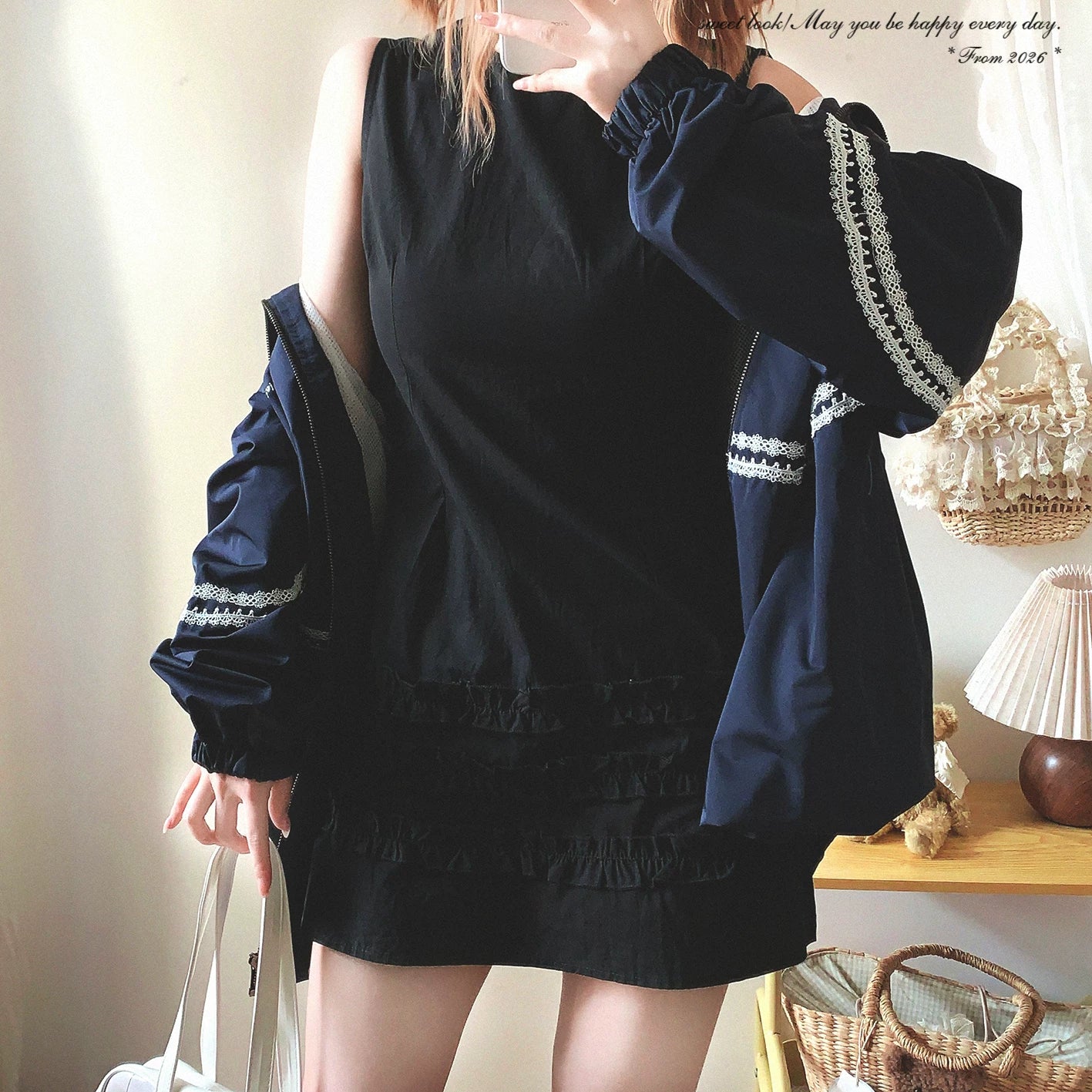Last-Stock Sale xycdg Sweet Girl Minimal Solid Color Round-Neck Cotton Dress with Ear-Edge Lace Sleeveless