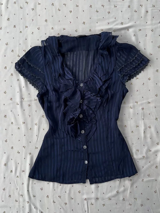 Shallow Moon Micro Art Original Vintage-Inspired Blue Striped Shirt Retro Design Women’s Boutique Exquisite Style Fitted Waist Blouse Summer Top