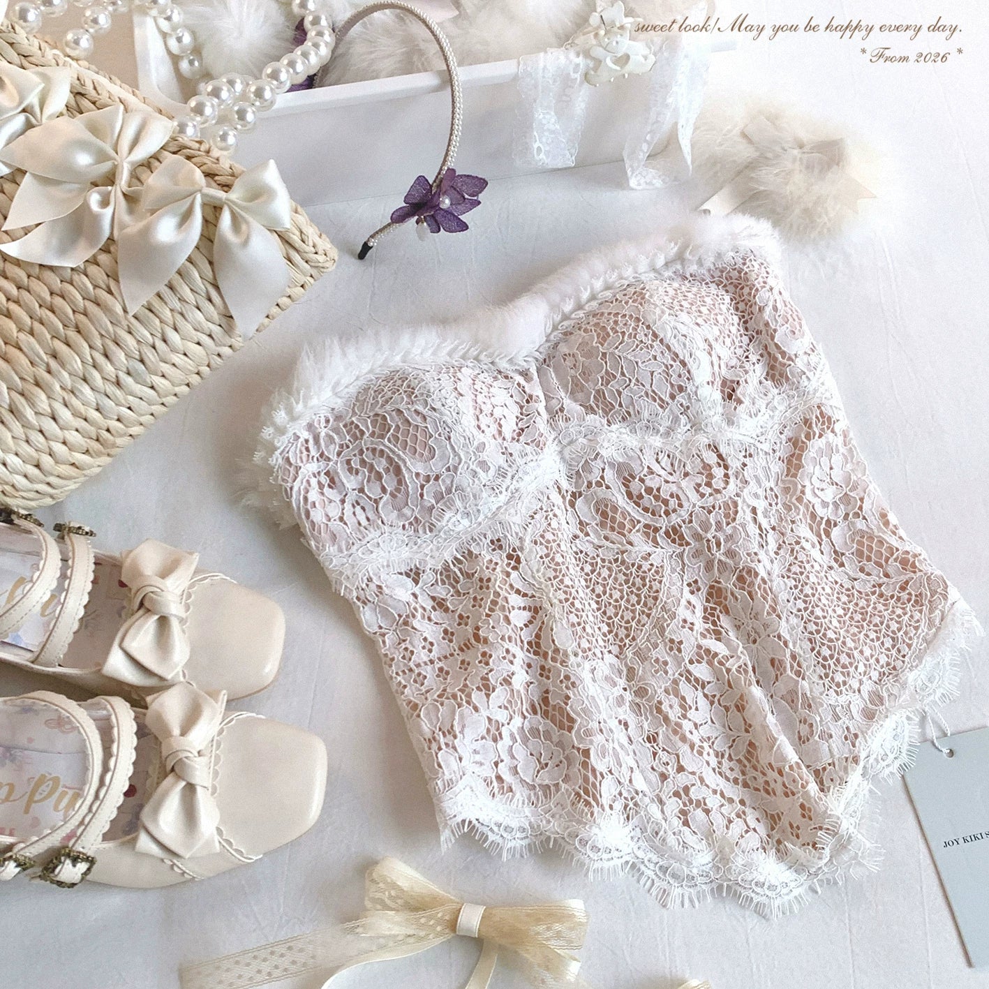Last-Season Deal Joykik* Pure-Desire Fluffy Trim Patchwork Lace Floral Irregular Sexy Off-Shoulder Bustier Top