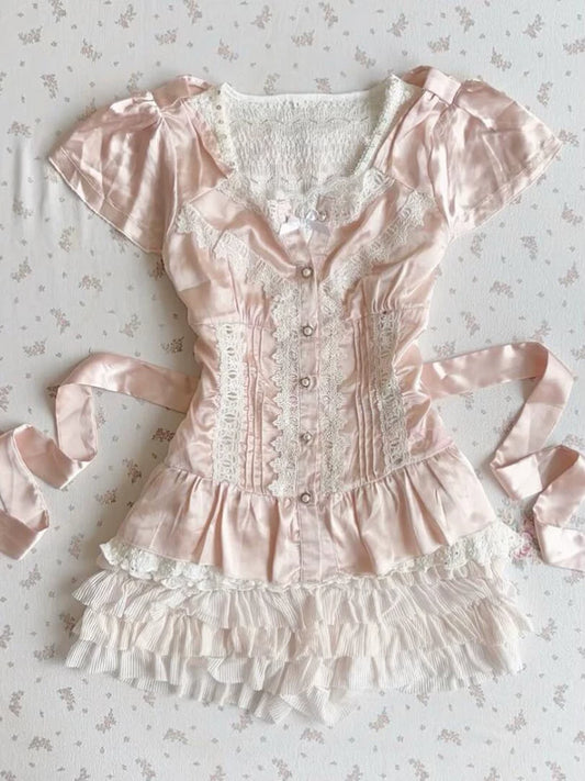 French Vintage Patchwork Lace V-Neck Puff Sleeve Waist-Cinching Shirt for Women, Sweet Summer Outfit