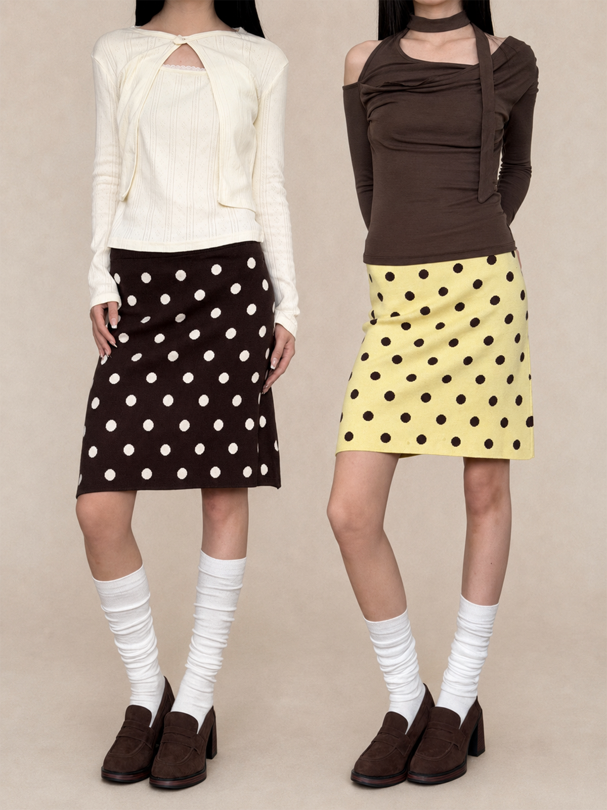 VintageTang French Vintage Polka Dot Knit Skirt, Autumn/Winter Slim-Fit Bodycon Straight Mini Skirt Hao Na 1