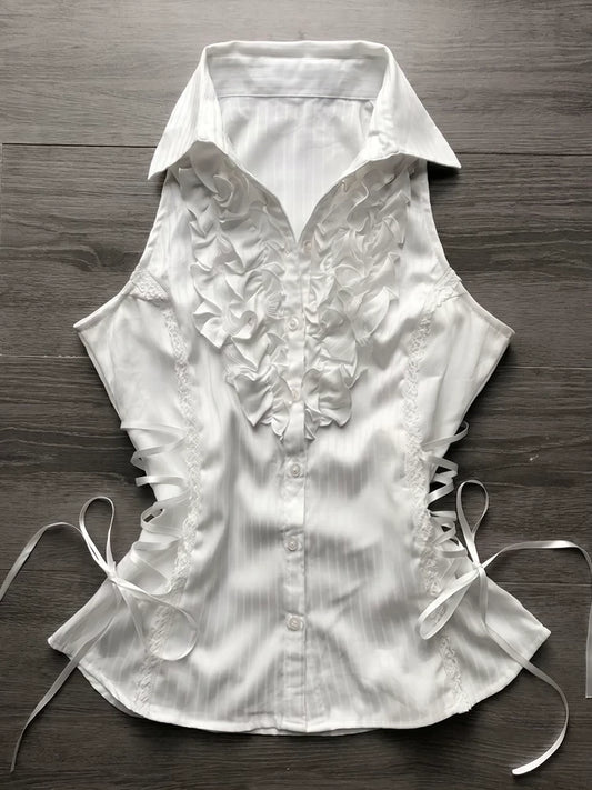 White Peter Pan Collar Cinched Waist Ruffle Hem Sleeveless Shirt for Women Summer Trendy Boutique Outfit Elegant Top