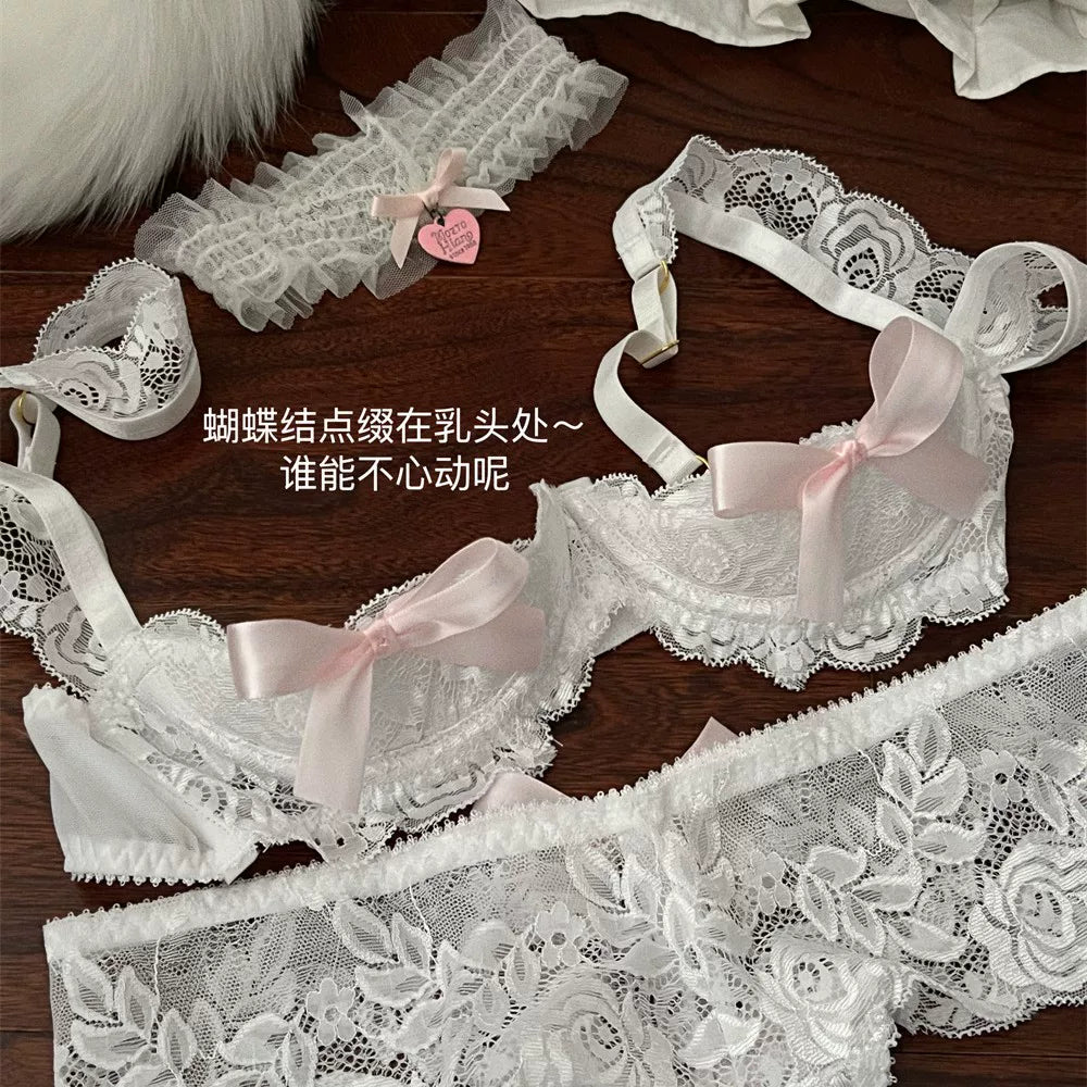 White Rose Dream Lace Underbust Push-Up Bra Unlined Underwire Bustier Lingerie Set with Open Crotch Thong for Women