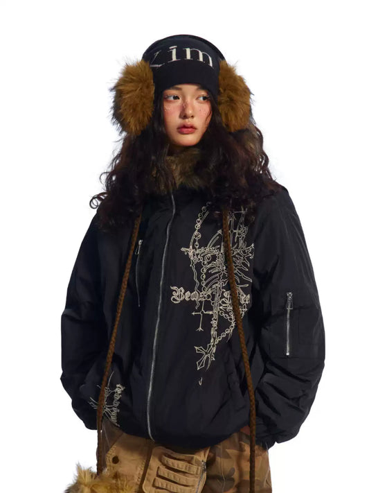 embroidered windproof fur collar hooded cotton jacket