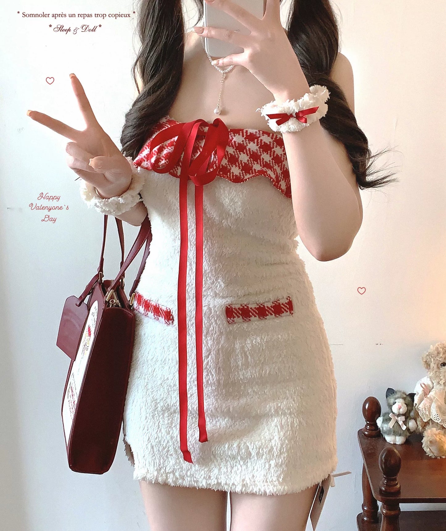 Final-Stock Red-and-White Checkered Tassel-Trim Ribbon Bow Fluffy Pure-Love Fuzzy Tube Dress