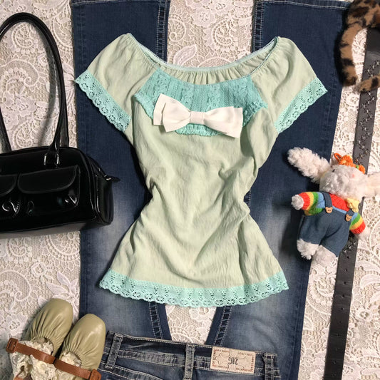 y2k fresh green lace shirt