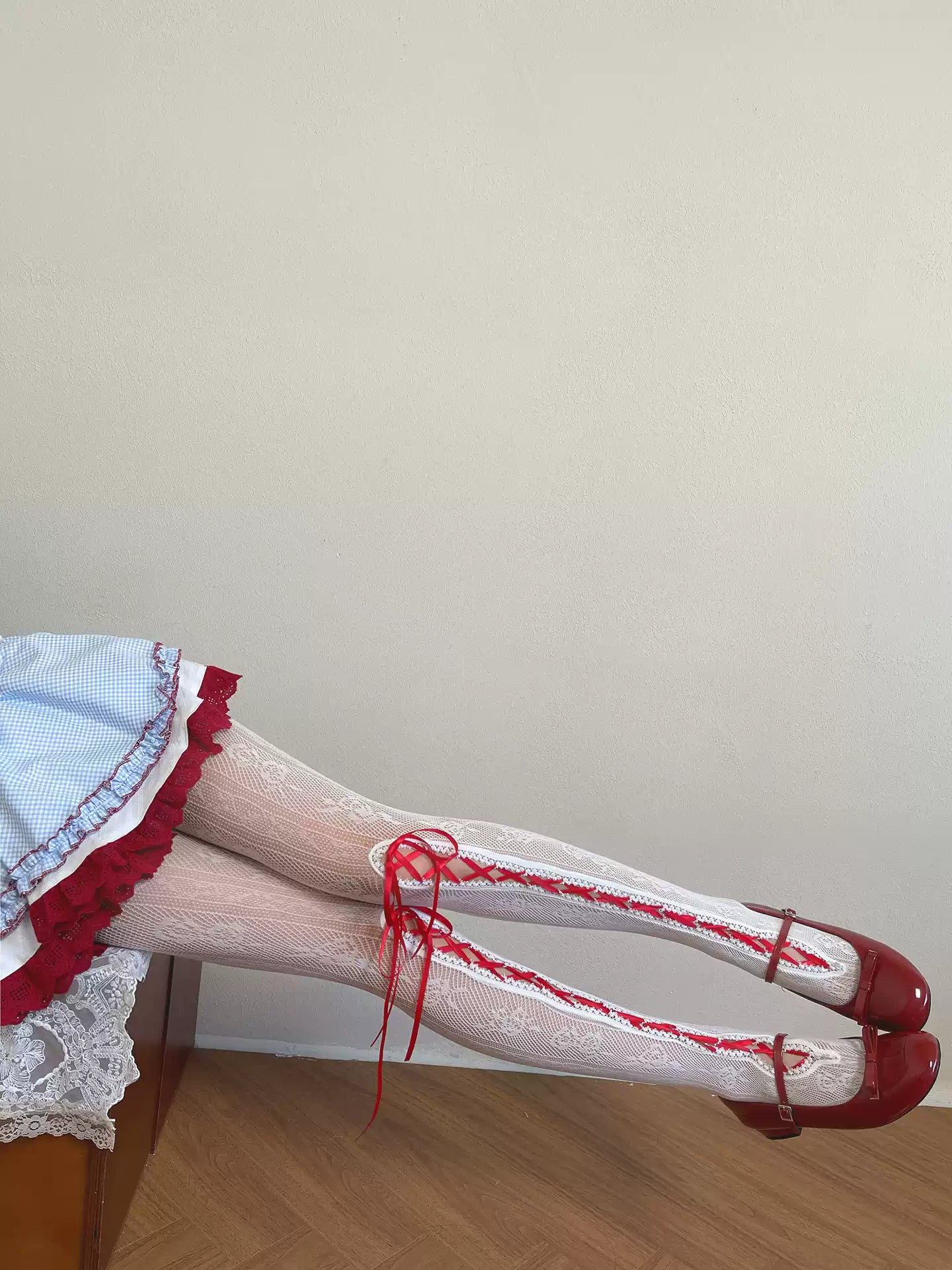 Ballet Style Red Ribbon Lace Pantyhose