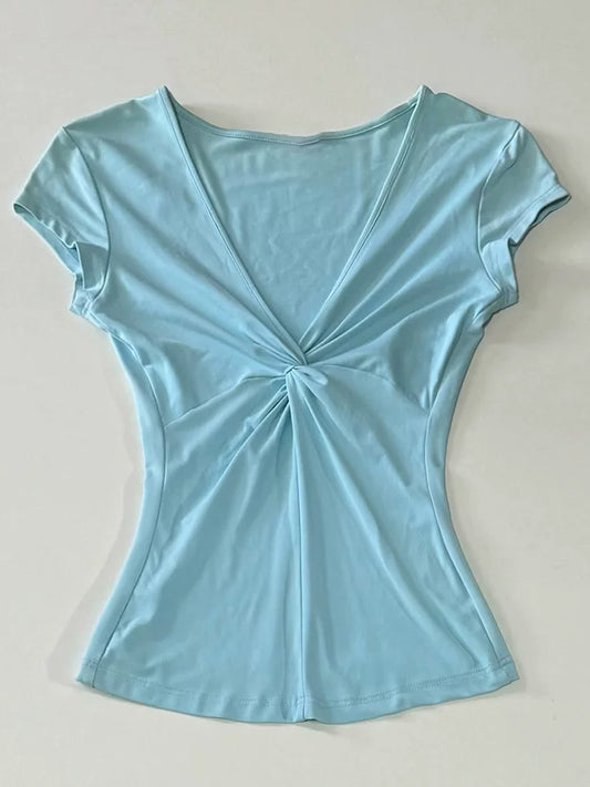 Vintage-Inspired Pure Desire Blue V-Neck Top | French Elegant, Pretty, Small-Batch Design Feel | Slimming Fitted T-Shirt