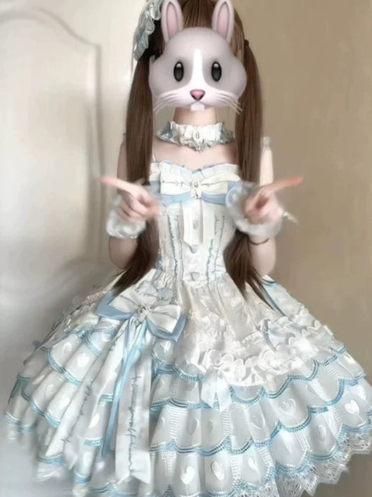 Blue-and-White Ballet Lolita Dress JSK Day Dress for Everyday Wear, Dog Short Train, Bowknot, Sweet Princess Lolita
