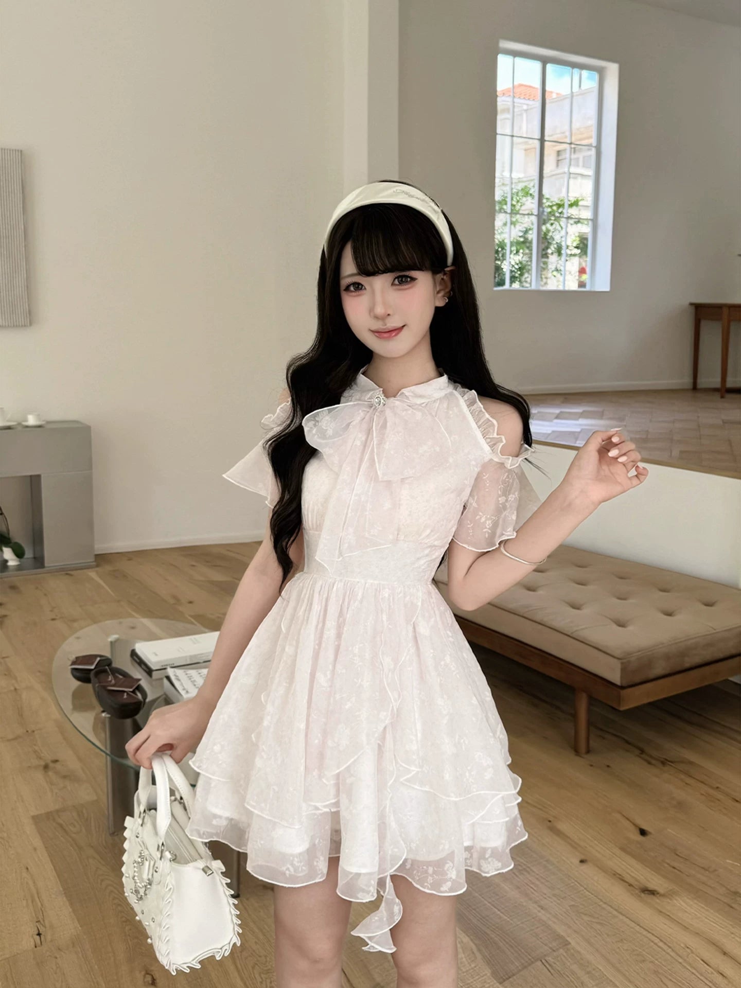 Lala Sauce “Cloud Veil” Sheer Chiffon—Clear & Classic “Gentle-Lady” Vibe Light Pink Floral Off-Shoulder Asymmetrical Mini Dress