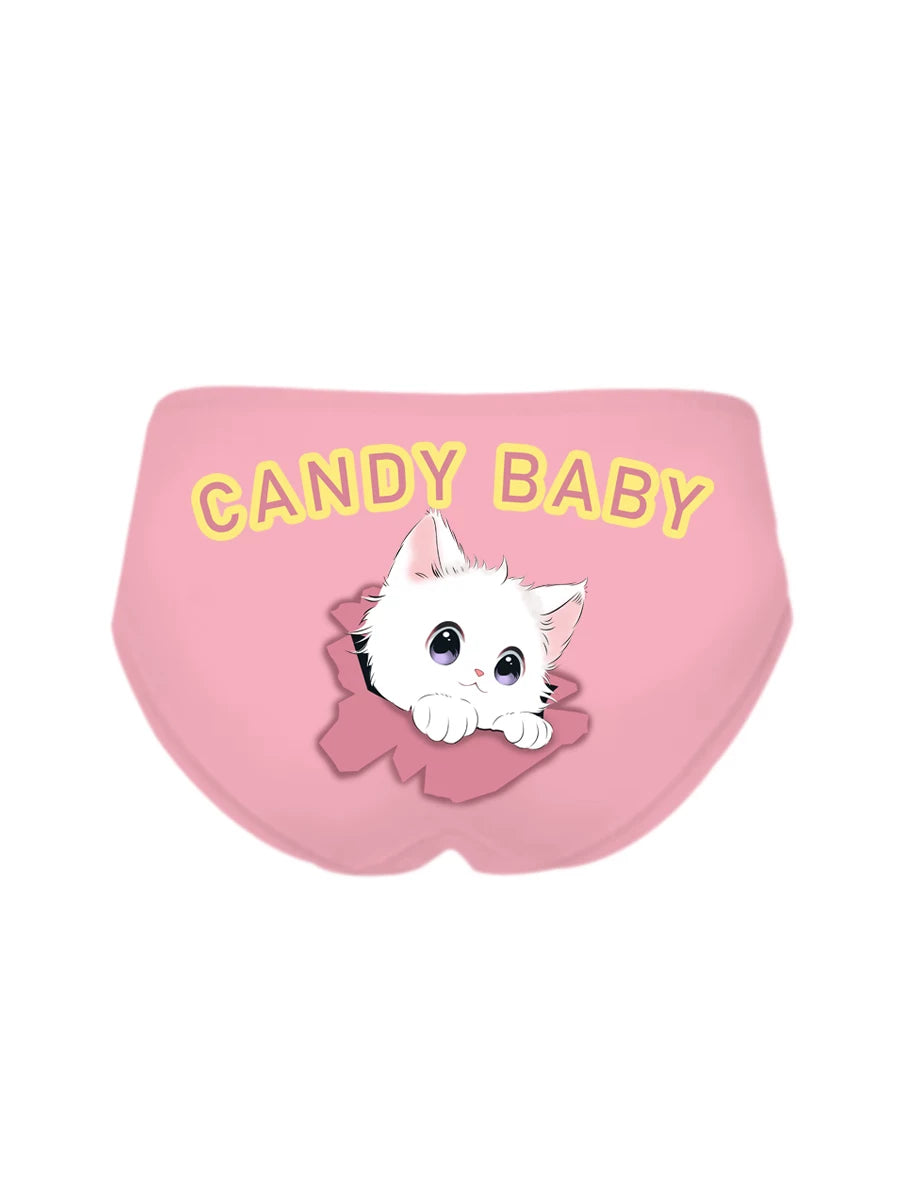 European & American Sweet Cartoon Cat Ice-Silk Triangle Panties, Teen Girl/Loli Style Puppy Sport Cotton Crotch Underwear, Cute Student Lingerie