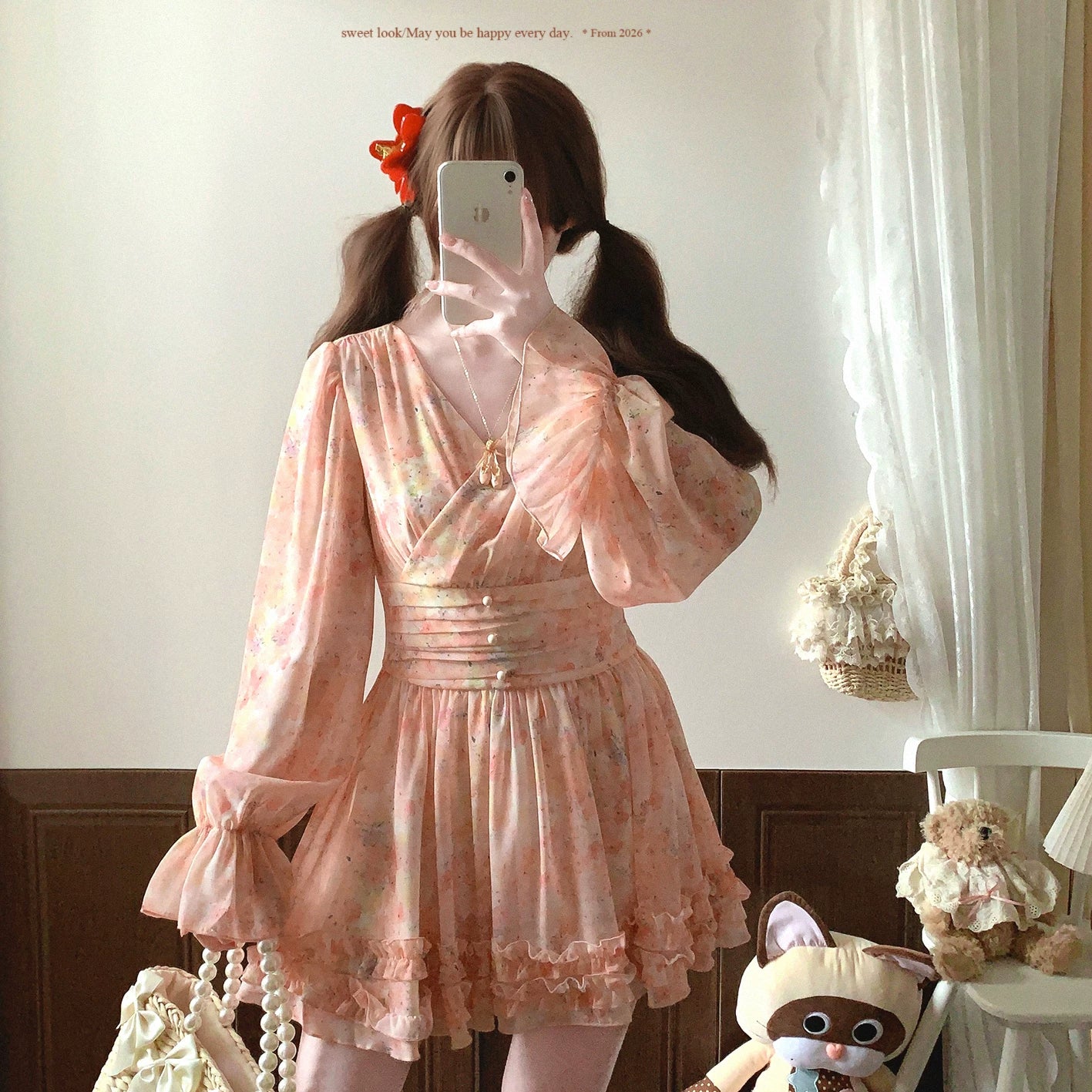 Last-Piece Joykik* French Vintage Oil Painting Style Romantic Floral Ruffled-Cuff Puff-Sleeve Dress
