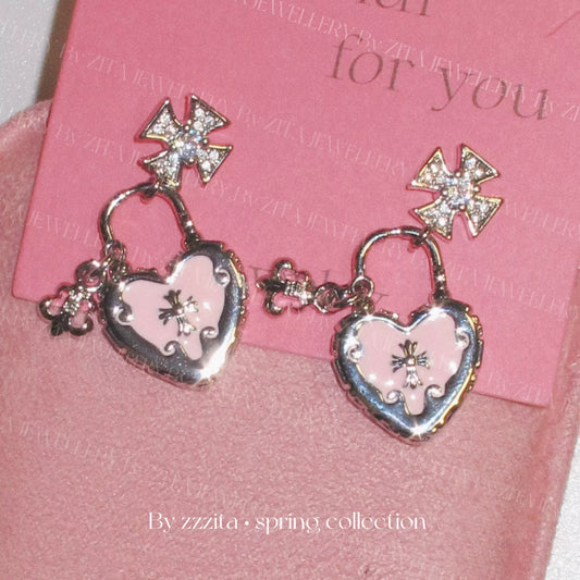 Sparkling Diamond Cross Love Lock Earrings