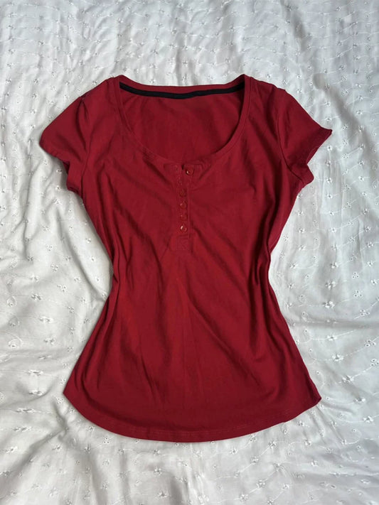 Red Corset-Waist Off-Shoulder Short Sleeve T-Shirt for Women, Summer Vintage Design, Subtle Standout Crew Neck Top