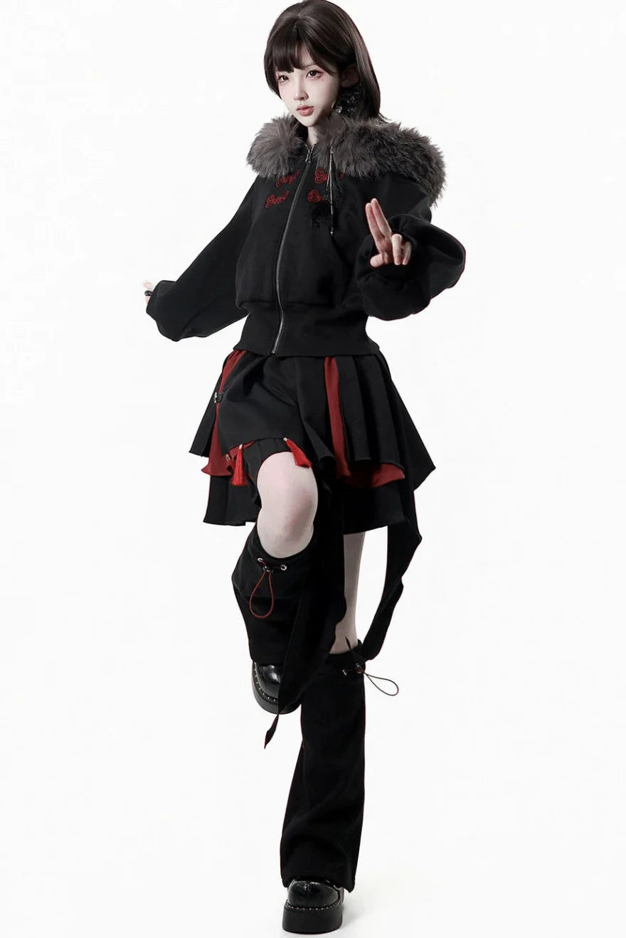 Dark Detachable Fur Jacket + Skirt + Pants