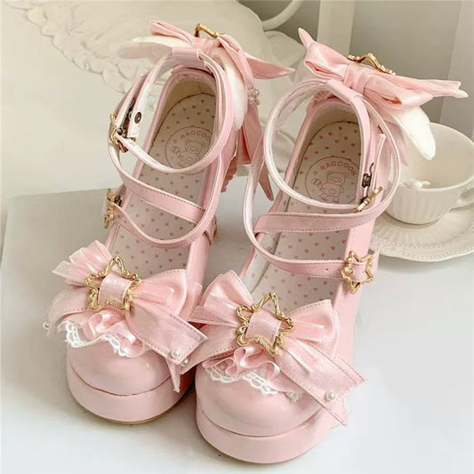 Satiny Glow Star Dream Original Lolita Bow High-Heel Shoes for Women, Unique-Style “Lo” Heels, Lolita Mary Jane Pumps