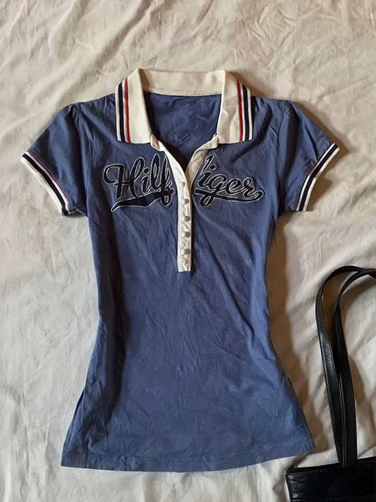 Blue Polo Neck Short Sleeve T-Shirt for Women Summer Vintage Thrift Style Chic Outfit Top