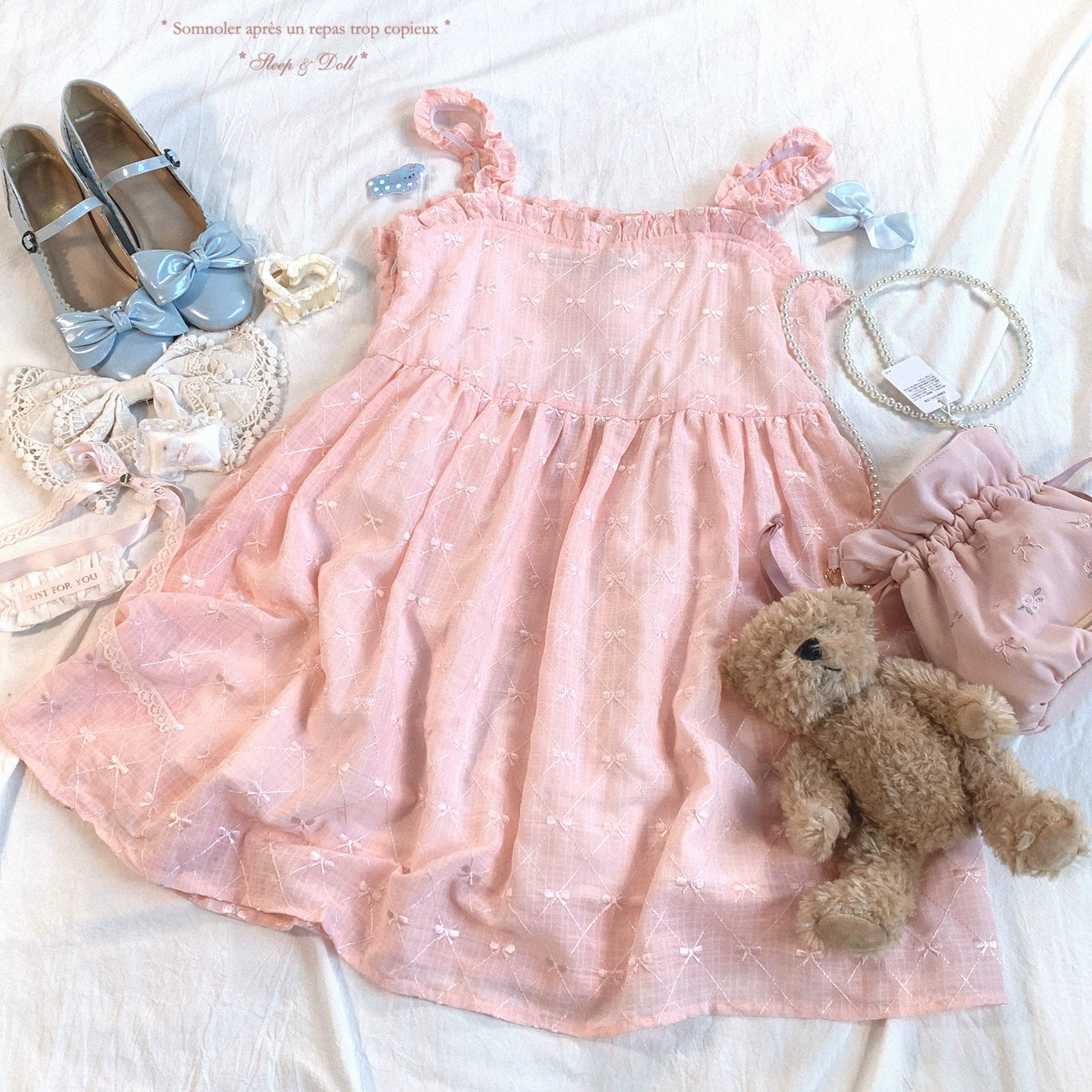 Final-Stock CCK*K Sweet Little Girl Springtime Butterfly Bow Embroidered Diamond-Pattern Jacquard, Soft Camisole Dress
