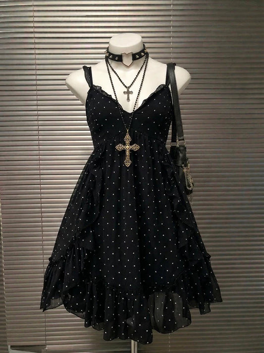 Black Polka Dot Sweet Slip Dress Summer Women’s Unique V-Neck Vintage Pretty Outfit