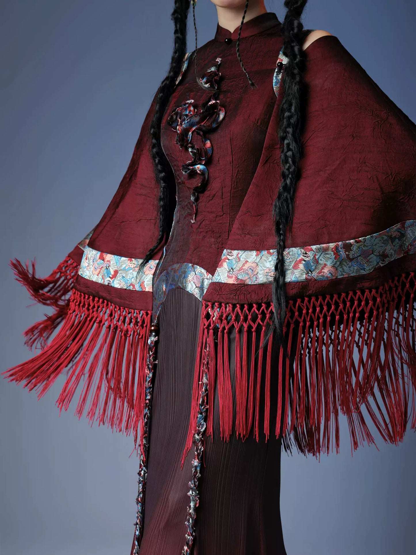 Tassel Cape Rope Embroidered Cheongsam Dress
