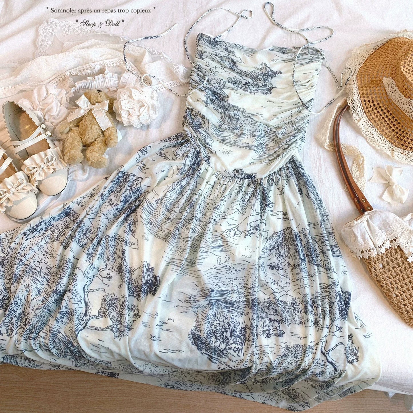 Last-Call XLXY New Chinese-Style Hand-Painted Ink Wash Vintage Landscape Print Tie-Belt Waist Bandeau Slip Dress *f