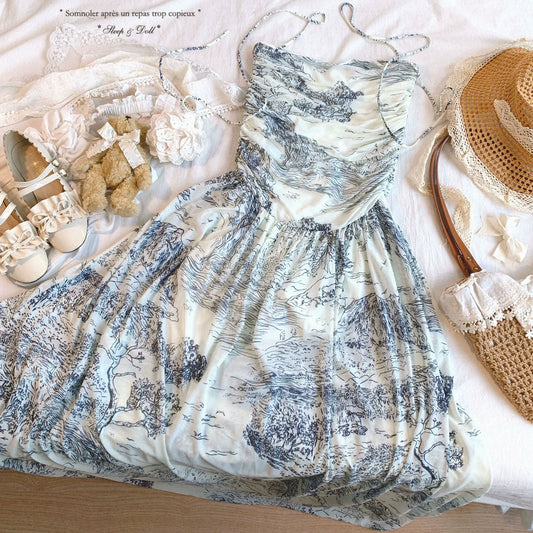 Last-Call XLXY New Chinese-Style Hand-Painted Ink Wash Vintage Landscape Print Tie-Belt Waist Bandeau Slip Dress *f