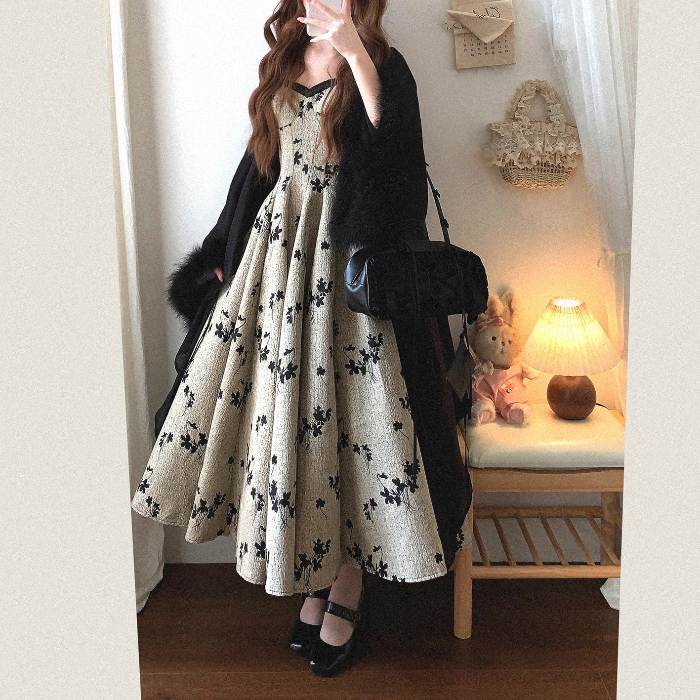 Last-Stock GDRX Vintage Hepburn-Style Oil Painting-Inspired Jacquard Elegant Sheen Satin Shoulder-Strap Slip Dress