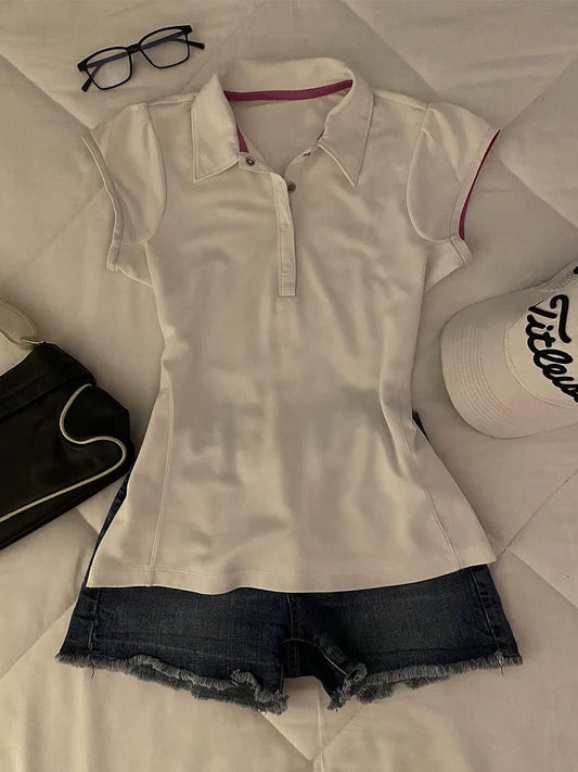 Vintage Polo-Collar Top with Waist-Defining Design, Boutique High-End White Short-Sleeve T-Shirt for Women, Summer