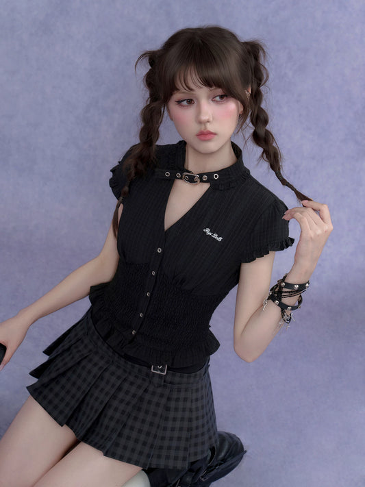 SagiDolls Girls’ Sweet-Edge Cool Dark Texture Choker Shirt V-Neck Top, Slimming Fitted Waist-Cinching Summer
