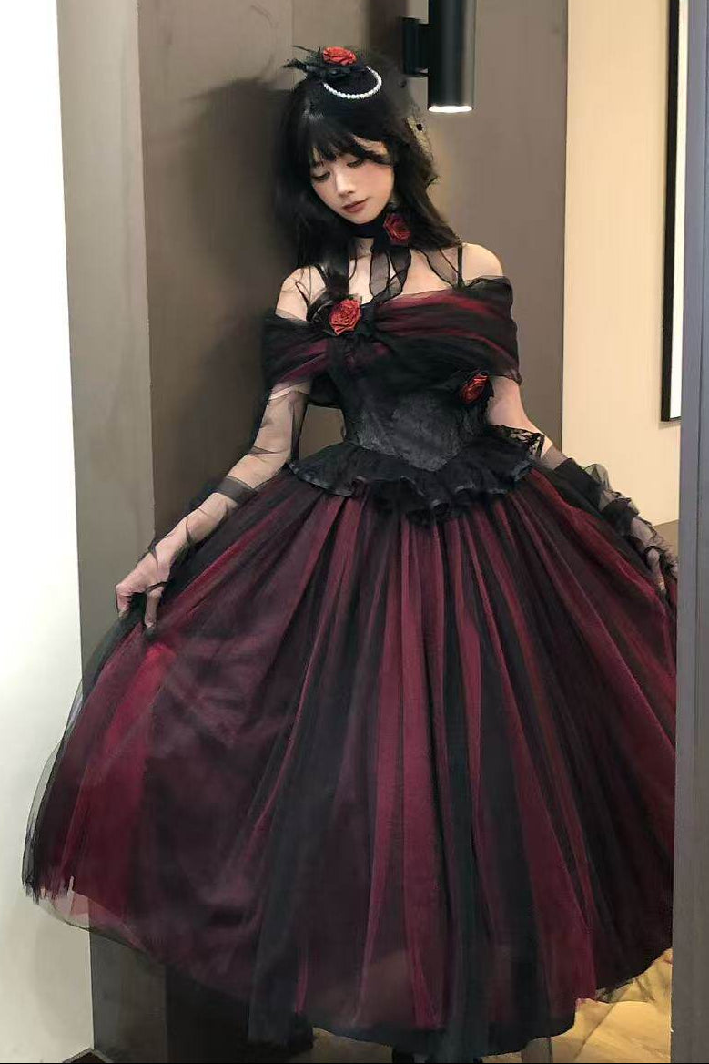 Dark Elegant Tulle Dress + Hat Long