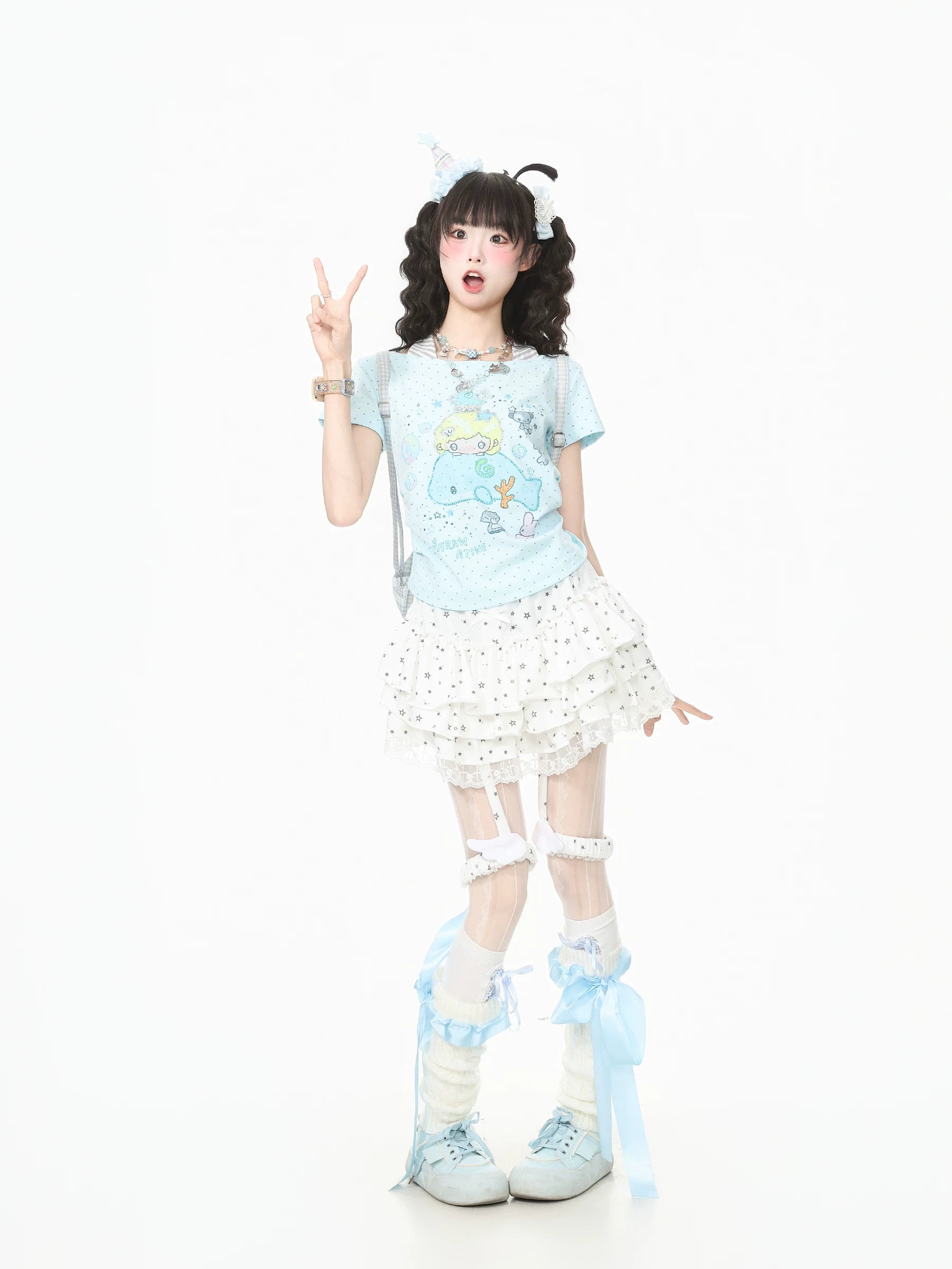 Languid Park Blue-Ghost Park Lace Flounce Petticoat Midi Skirt for Women Summer Bow Lace-Up Short Skirt