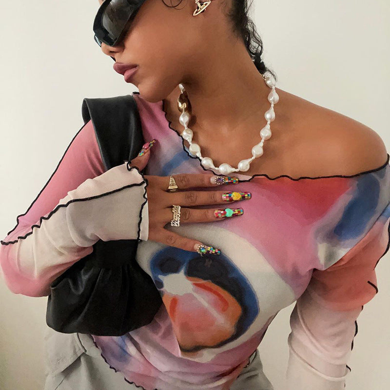 Screen Printed Open Navel Long-sleeved Top