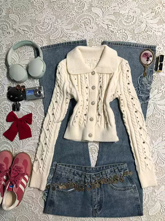 diamond-encrusted soft waxy sweater jacket