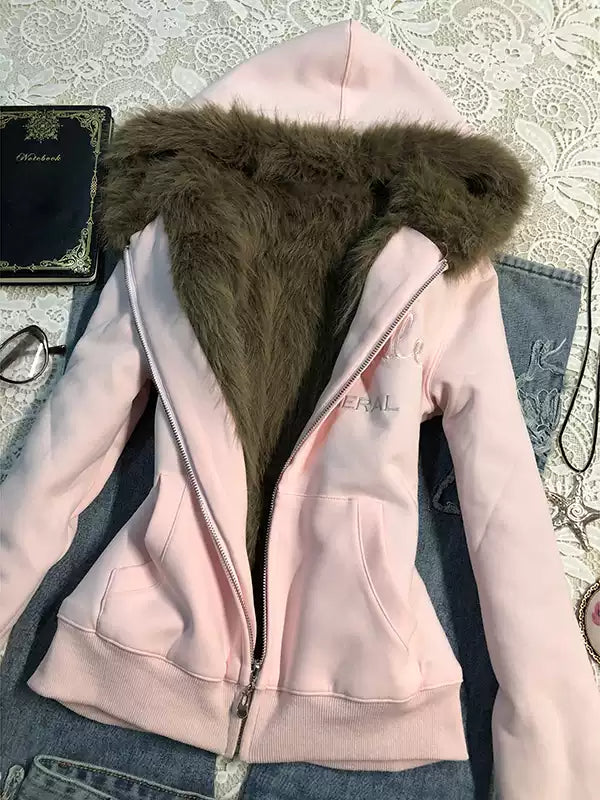 pink velvet hooded sweatshirt jacket