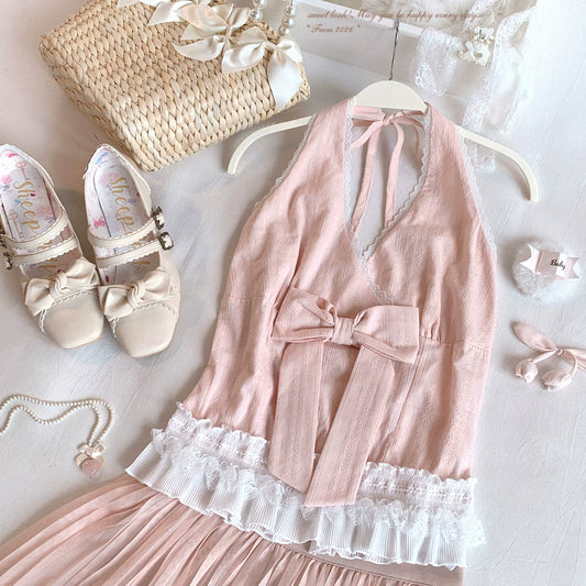 Final-Call Joykik* Pure-Desire Sweet Jacquard Bow Butterfly Tie-Up Off-Shoulder Top