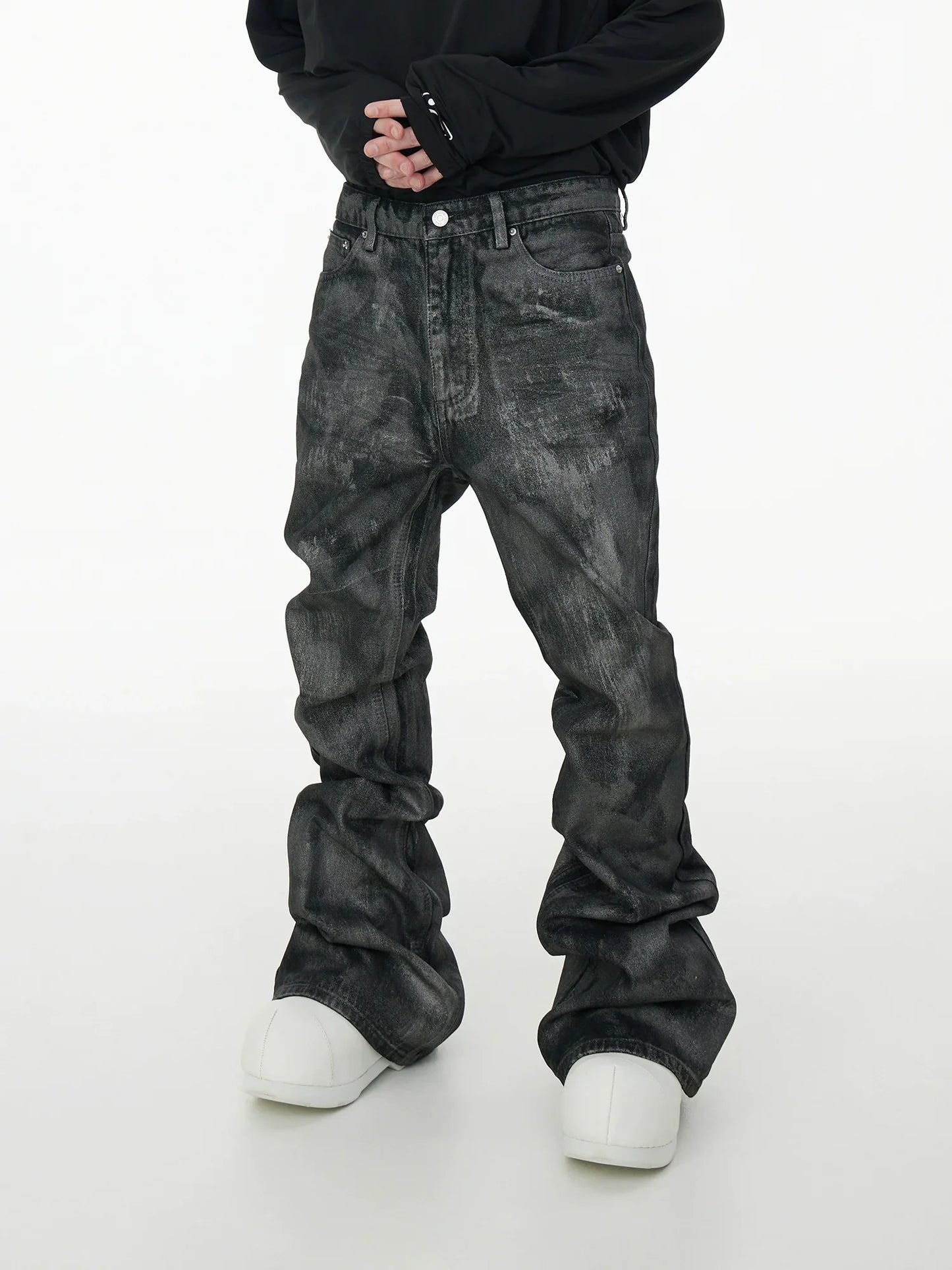 Glitter Coated Acid Wash Black Stacked Jeans