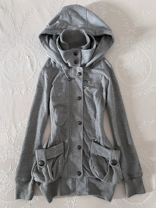Grey Y2K Utility Jacket | Retro Hooded Fall Outerwear for Women