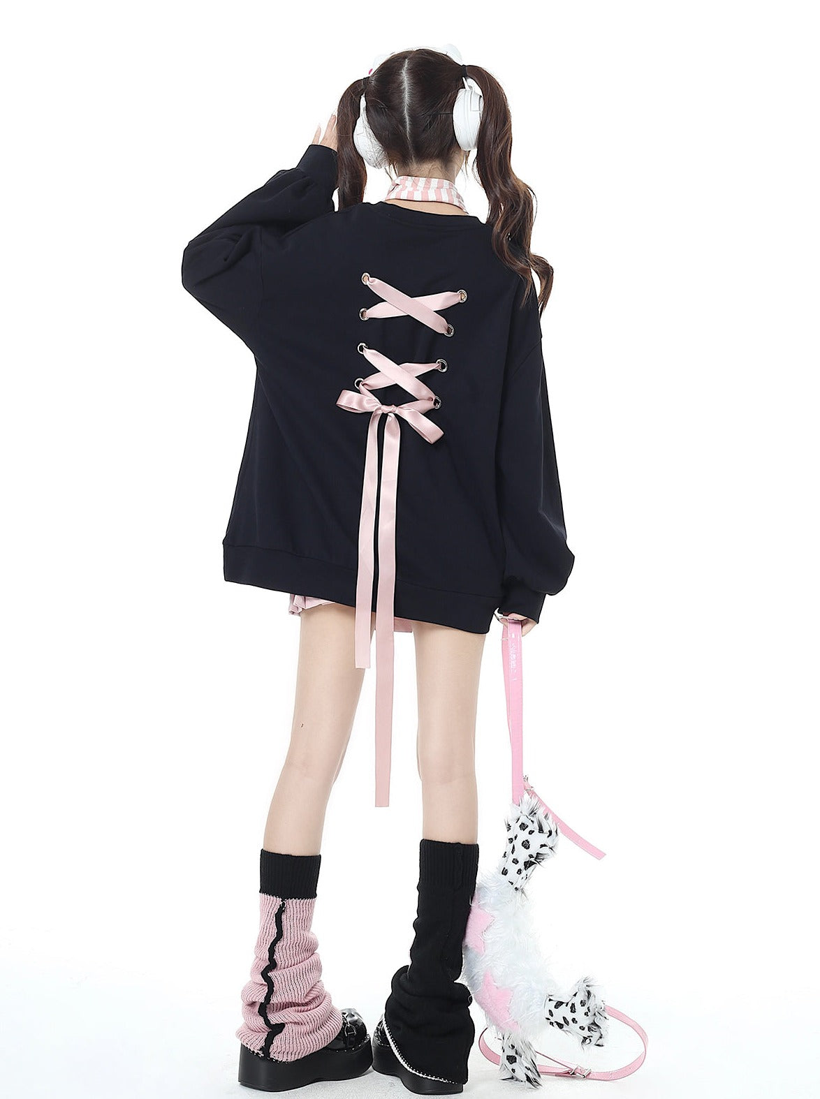 Back racing up ribbon oversized sweatshirt Black