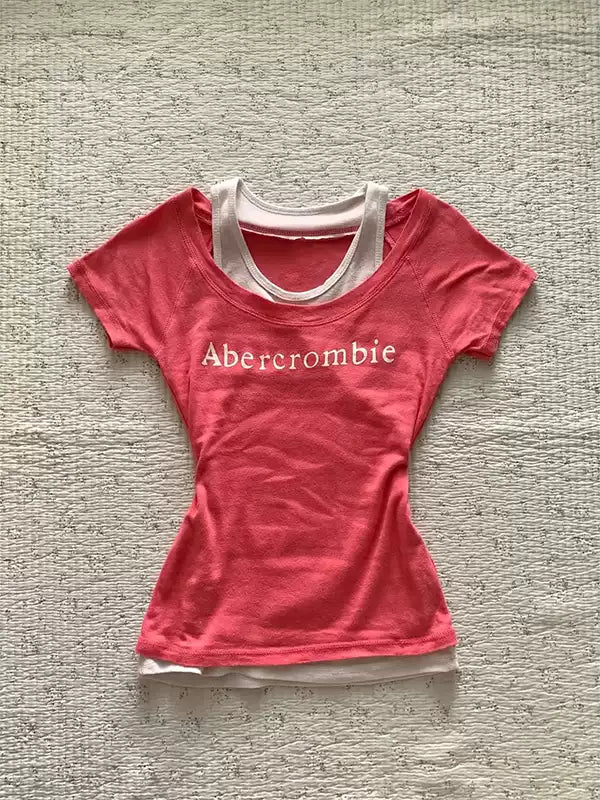 red fake two-piece printed T-shirt