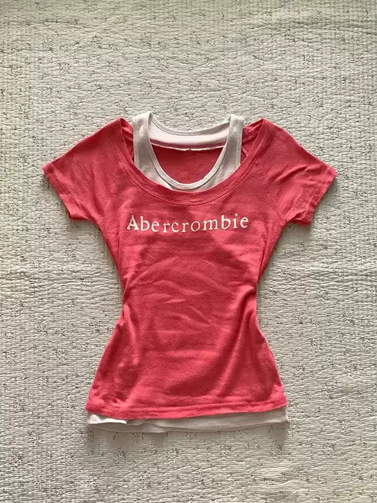 red fake two-piece printed T-shirt