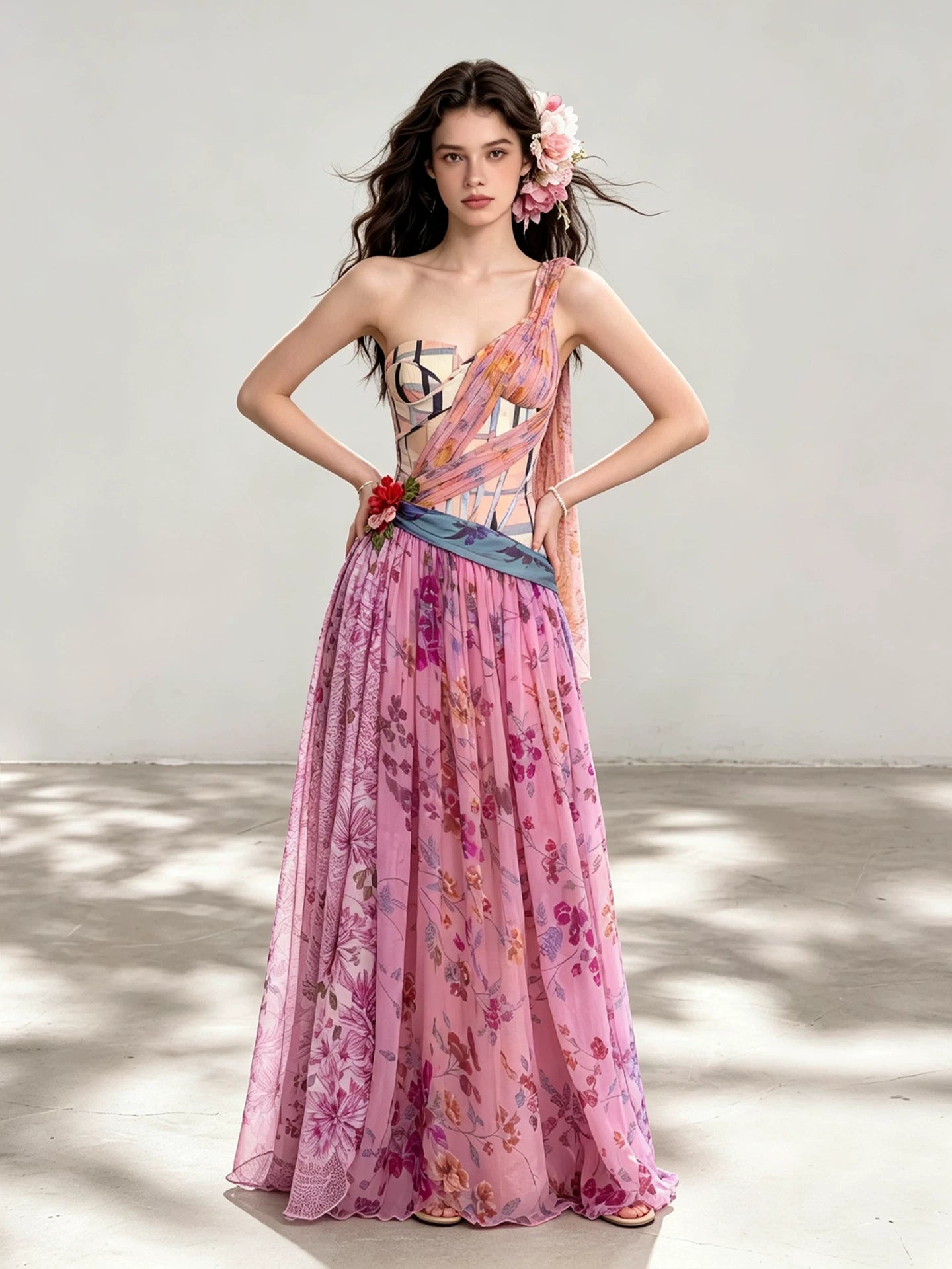 Stunning Thai Irregular Off-Shoulder Fishtail Corset-Style Bodice Floral Print Draped Cinched-Waist Dress