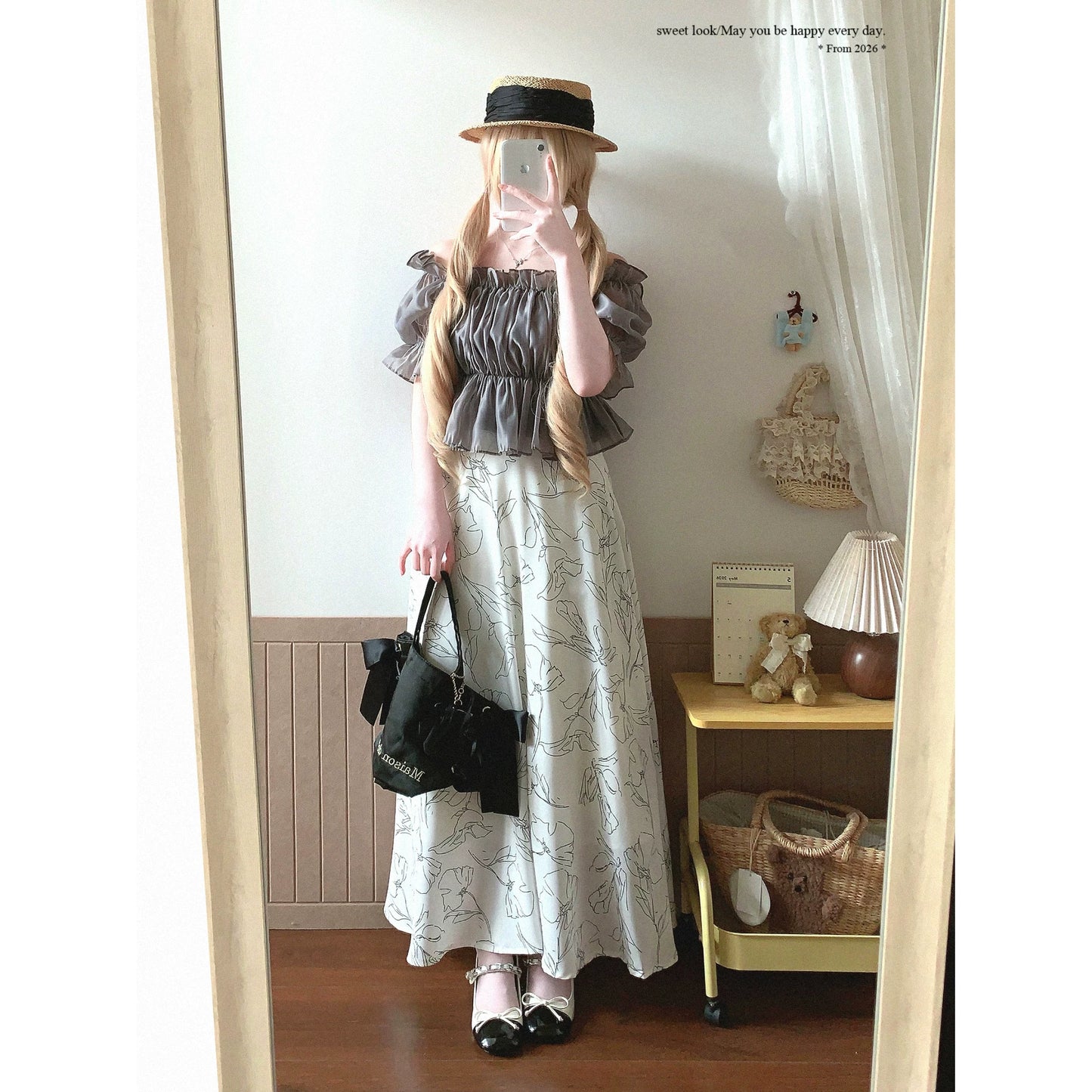 Japanese Single-Line Outline Vintage Flower High-Waisted Ruffled Fishtail Midi Skirt*