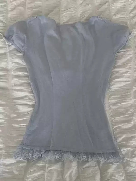 blue lace stitching V-neck top