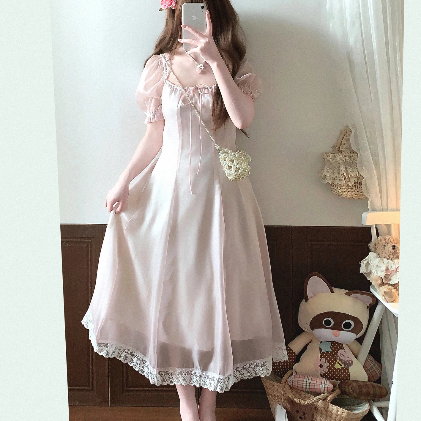 Last-Stock dod* Lace-Trim Satin-Gloss Lace-Up Square-Neck Puff-Sleeve Chiffon Dress