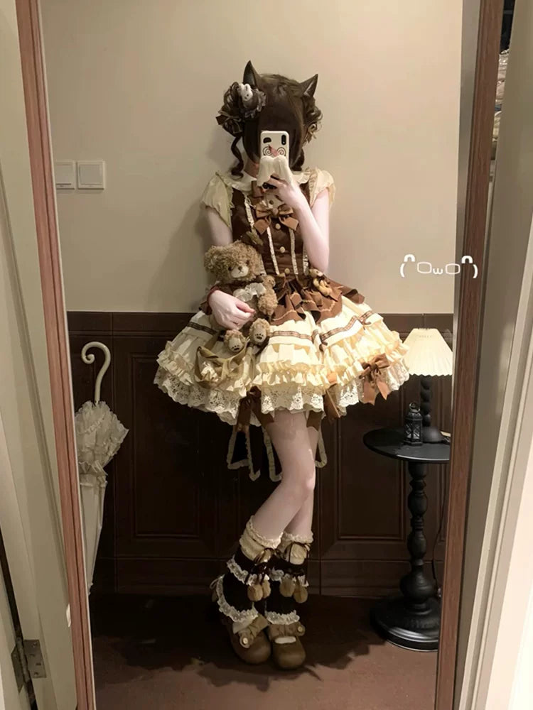Sweet & Lovely Cocoa Brown Bear Lolita Short-Sleeve Dress Outfit in Brown – Everyday OP Lolita Ensemble for Women