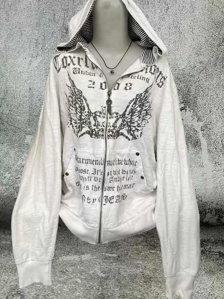 retro white printed hooded jacket