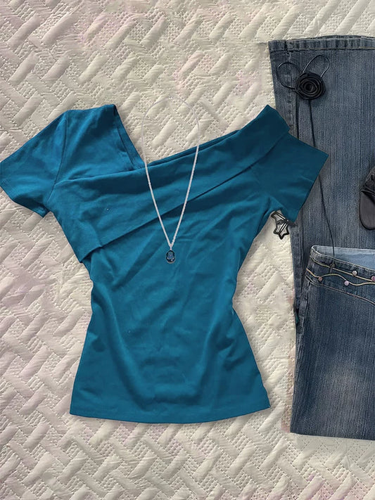 Retro Blue Irregular V-Neck Short-Sleeve T-Shirt for Women, Summer Waist-Cinching Design, Stylish & Unique Statement Top