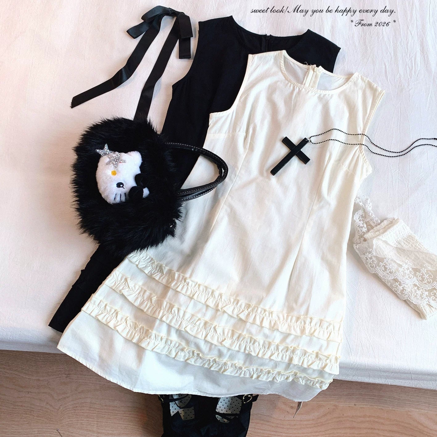 Last-Stock Sale xycdg Sweet Girl Minimal Solid Color Round-Neck Cotton Dress with Ear-Edge Lace Sleeveless