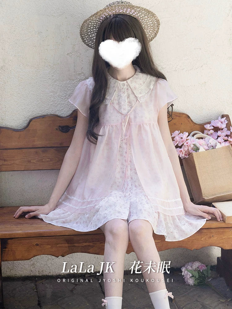 LaLa Sauce — Flower Never Asleep, Original Sweet Doll-Collar Loose Two-Piece Look Pink Floral Dress for Summer